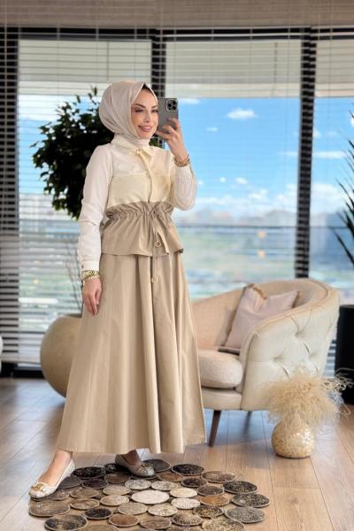 10750 Ön Hasır Parçalı Beli Bağcıklı Takım Vizon