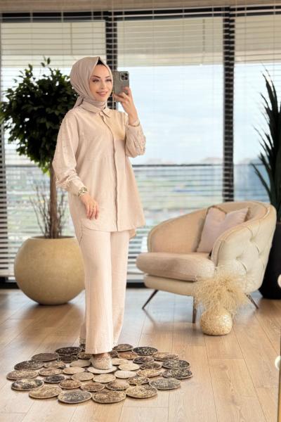 10761 Üst Serpme Taşlı Takım Bej