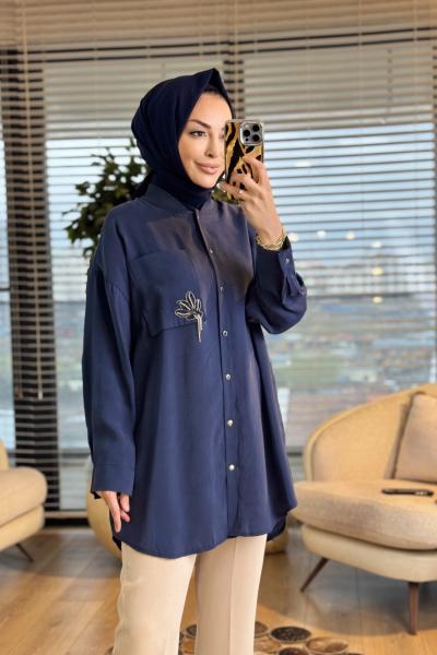 10763 Cep Üstü Broş İşli Gömlek Lacivert