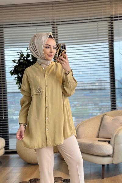 10763 Cep Üstü Broş İşli Gömlek Yağ Yeşili