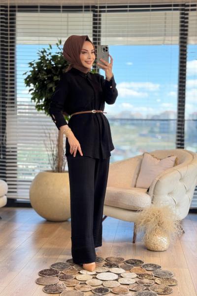 10768 Keten Paçası Parça Detaylı Takım Siyah