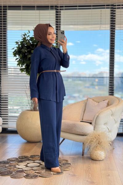 10768 Keten Paçası Parça Detaylı Takım Lacivert