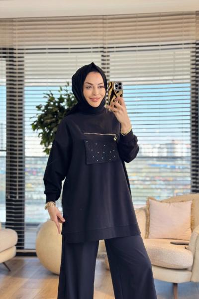 10678 Ön Parça Ve Fermuar Detaylı Tunik Siyah
