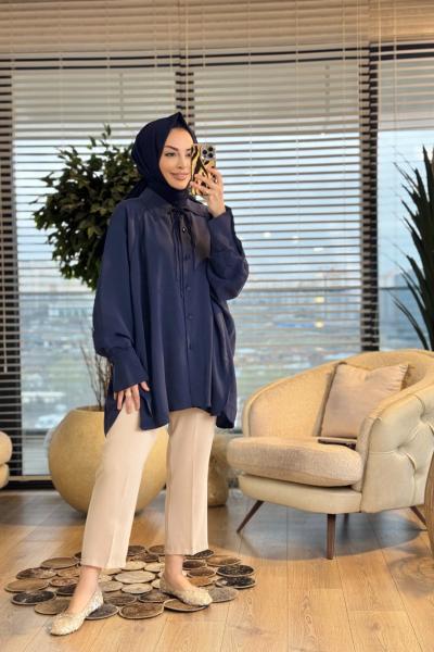 10772 Yakası İp Bağcıklı Gömlek Lacivert