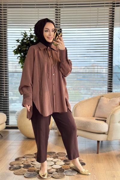 10772 Yakası İp Bağcıklı Gömlek Kahve