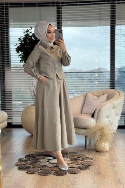 10786 Robası Zımbalı Etekli Takım Bej