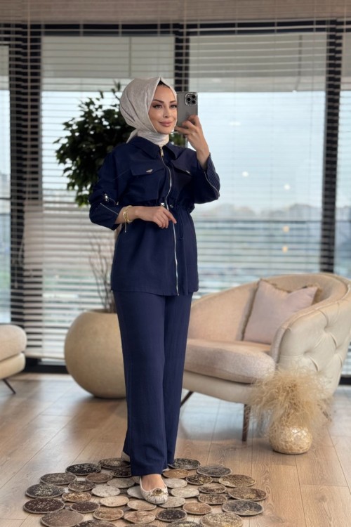 10791 Keten Kol Fermuarlı Bel Büzgülü Takım Lacivert