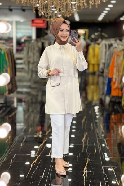 1083 Harf Aksesuarlı Tunik Bej