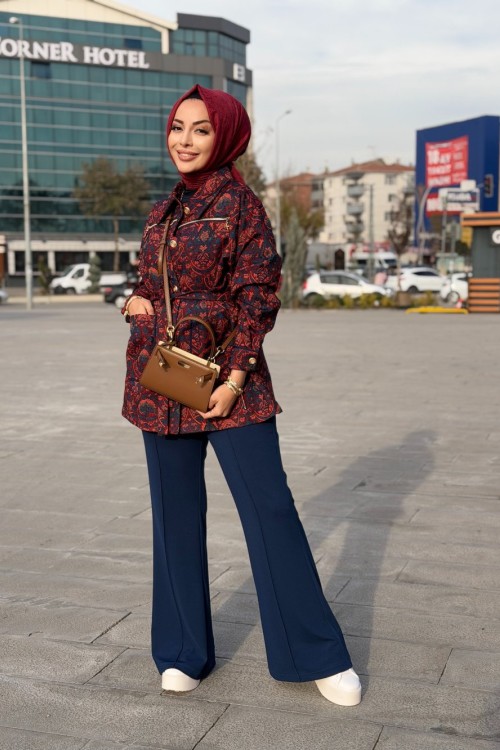 10835 Kendinden Çiçek Desenli Ceket Bordo