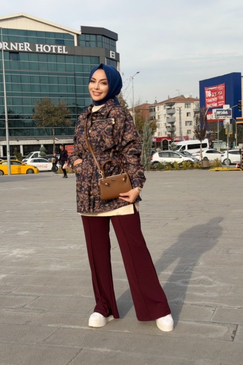 10835 Kendinden Çiçek Desenli Ceket Lacivert