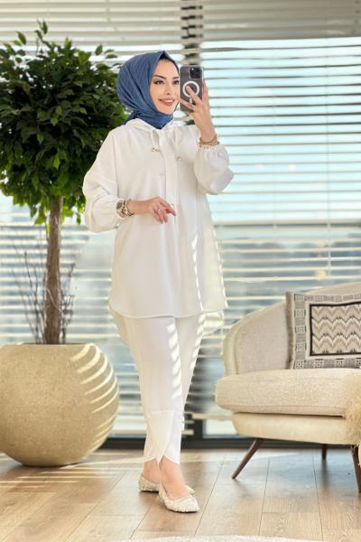 1084 Kapşonlu Tunik Pantolon Takım Ekru