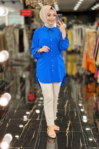 10850 Manşeti Büzgülü Tunik Saks