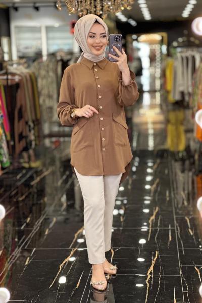 10850 Manşeti Büzgülü Tunik Kahve