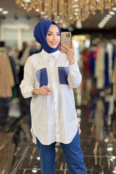 10870 Kot Ve Çizgi Cepli Gömlek Ekru