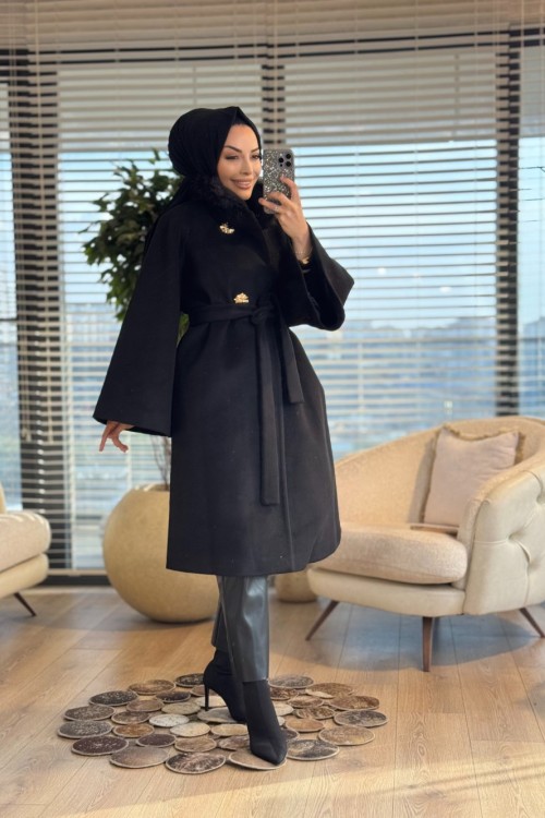 10873 Yakası Kürklü Kaşe Kaban Siyah