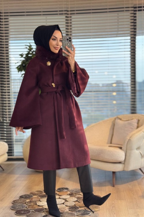 10873 Yakası Kürklü Kaşe Kaban Bordo
