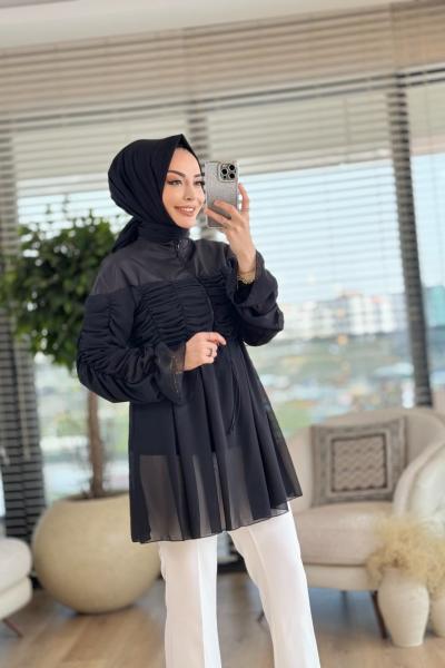 109 Şifon Roba Ön Arka Büzgü Pat Ferm.Siyah