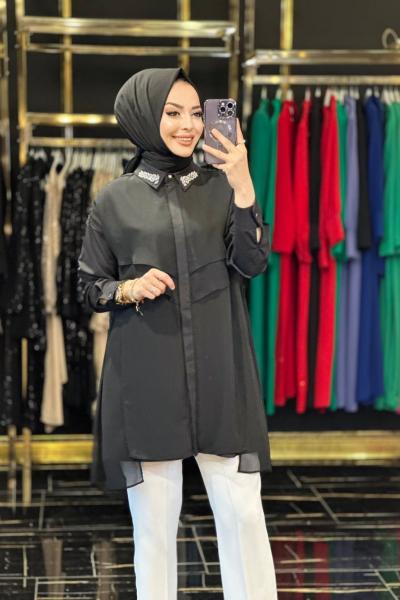 11197 Yakası Taş İşlemeli Şifonlu Gömlek Siyah