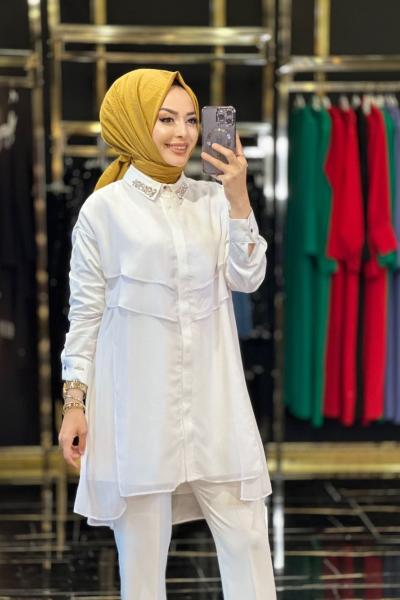 11197 Yakası Taş İşlemeli Şifonlu Gömlek Ekru