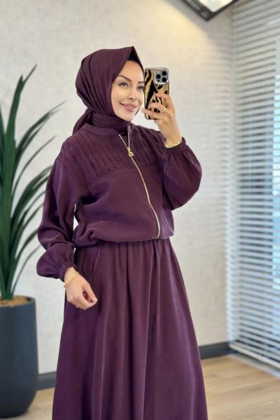 11251 Elbise Üstü Ceket 2li Takım Mürdüm