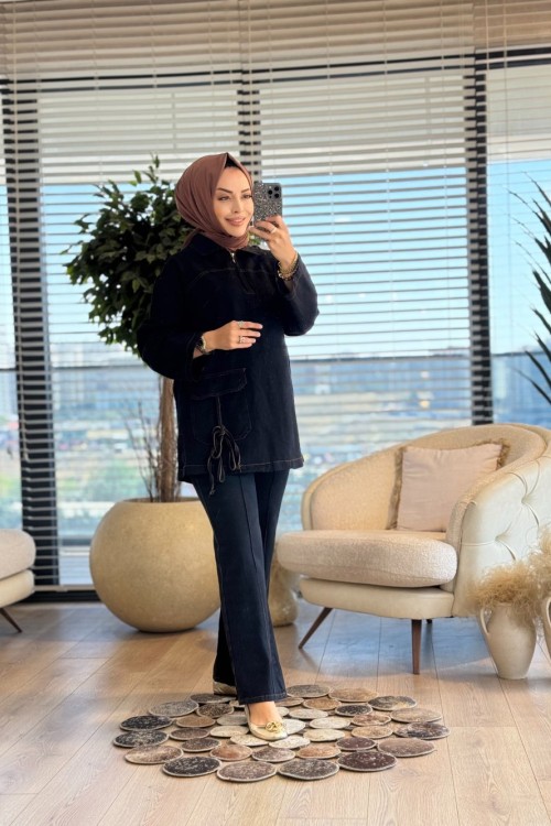112510 Kot Patı Fermuarlı Tek Cepli Tunik Takım Siyah