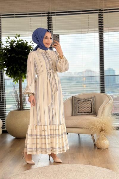 1127 Keten Çizgili Elbise Lacivert