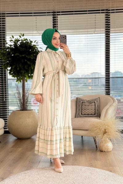 1127 Keten Çizgili Elbise Benetton