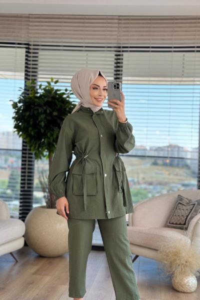 1128 Patı Fermuarlı Beli Büzgülü Takım Haki
