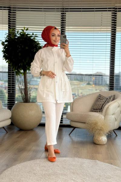 1128 Patı Fermuarlı Beli Büzgülü Takım Ekru