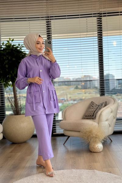 1128 Patı Fermuarlı Beli Büzgülü Takım Lila