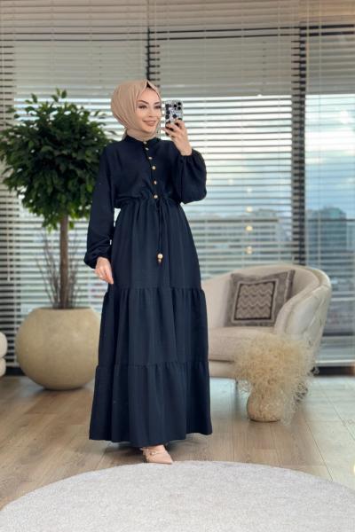 1131 Beli Bağcıklı Elbise Siyah