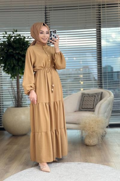 1131 Beli Bağcıklı Elbise Camel