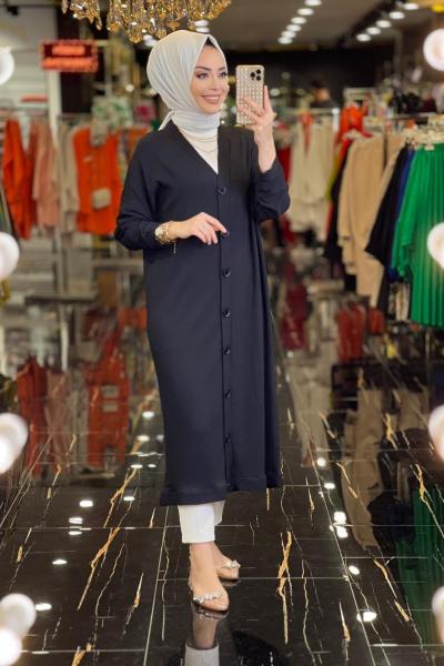 1137 Bürümcük Kumaş V Yaka Uzun Hırka Siyah