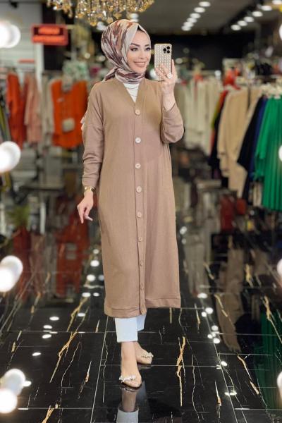 1137 Bürümcük Kumaş V Yaka Uzun Hırka Vizon