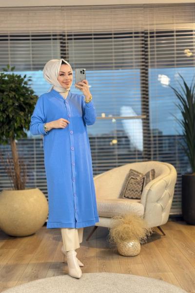 1138 Büyük Düğmeli Bürümcük Hırka İndigo