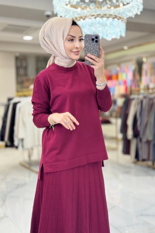 114 Etek Ve Kolu Balık Sırtı Desenli Takım Bordo