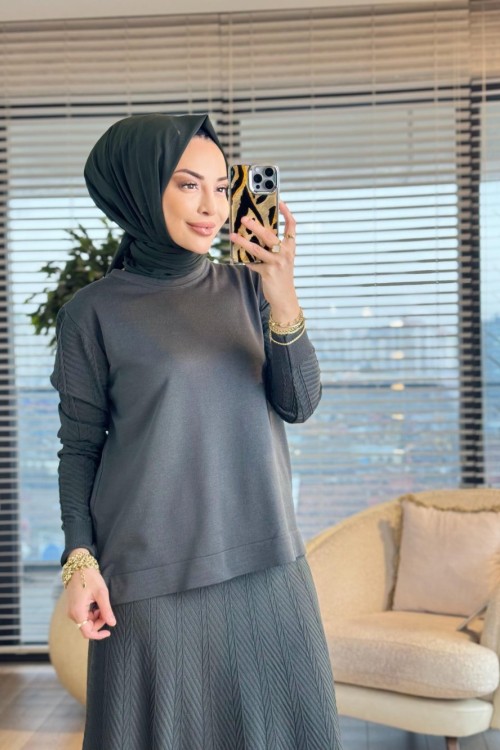 114 Etek Ve Kolu Balık Sırtı Desenli Takım Haki