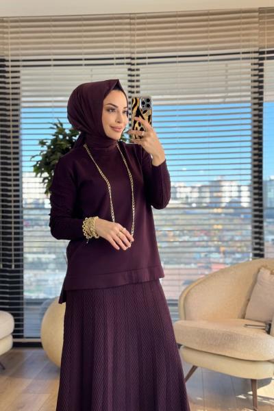 114 Etek Ve Kolu Balık Sırtı Desenli Takım Mürdüm