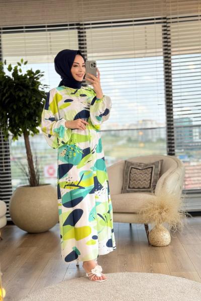 1149 Beli Tünelli Elbise Yağ Yeşili