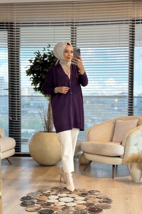 115 Boyuna Fitilli Hırka Mürdüm