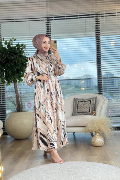 1151 Ön Roba Büzgülü Elbise Kahve