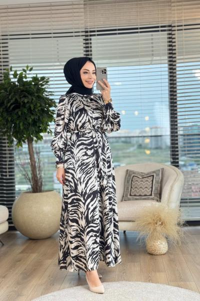 1153 Zebra Desenli Elbise Siyah