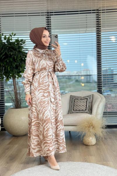 1153 Zebra Desenli Elbise Bej