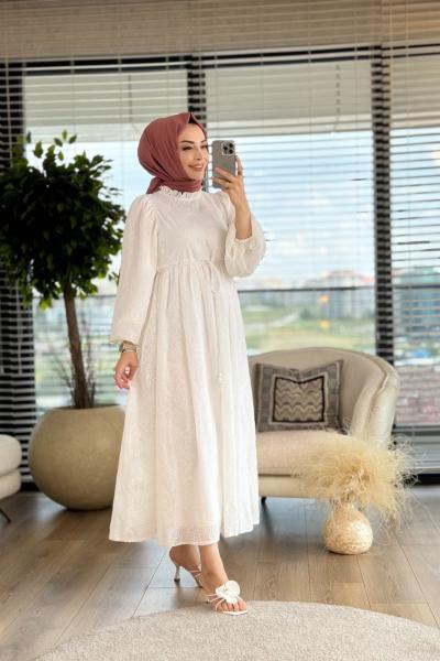 1177 Çiçek Nakışlı Elbise Ekru