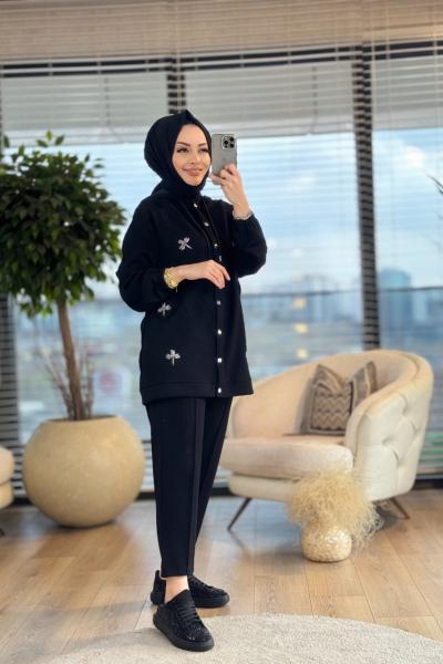 1178 Ön Boncuk Dal İşlemeli Takım Siyah