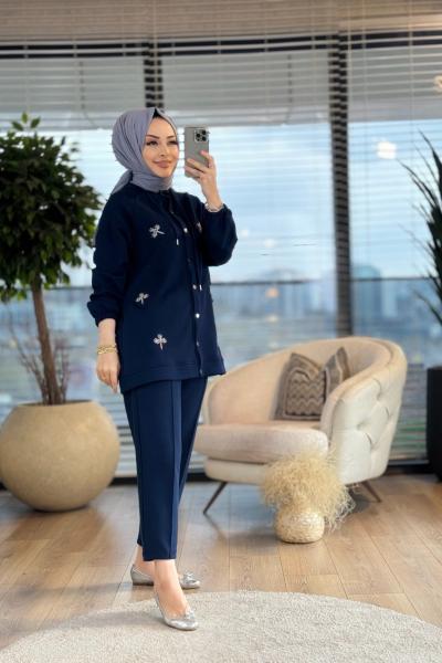 1178 Ön Boncuk Dal İşlemeli Takım Lacivert