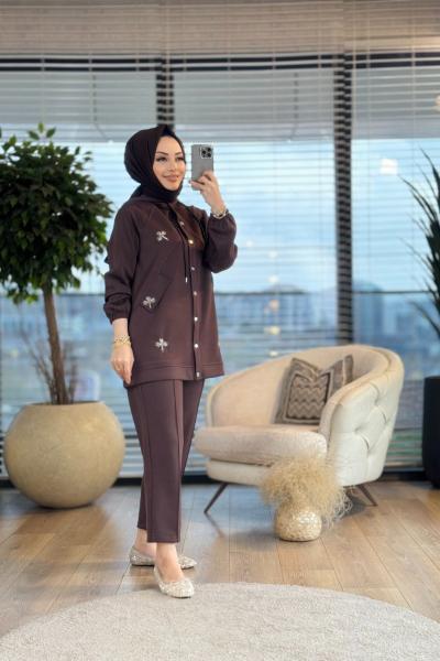 1178 Ön Boncuk Dal İşlemeli Takım Kahve