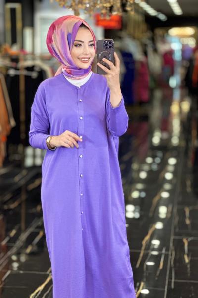 119 Merserize Ön Düğmeli Uzun Hırka Lila