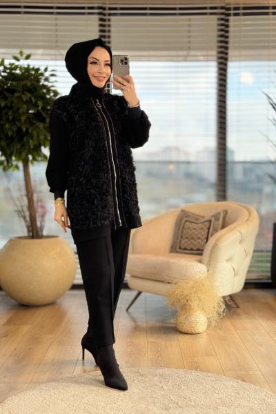 1193 Ön Tül Çiçek Detaylı Fermuarlı Takım Siyah