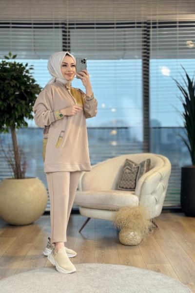 1195 Arka Kare Desen Takım Bej